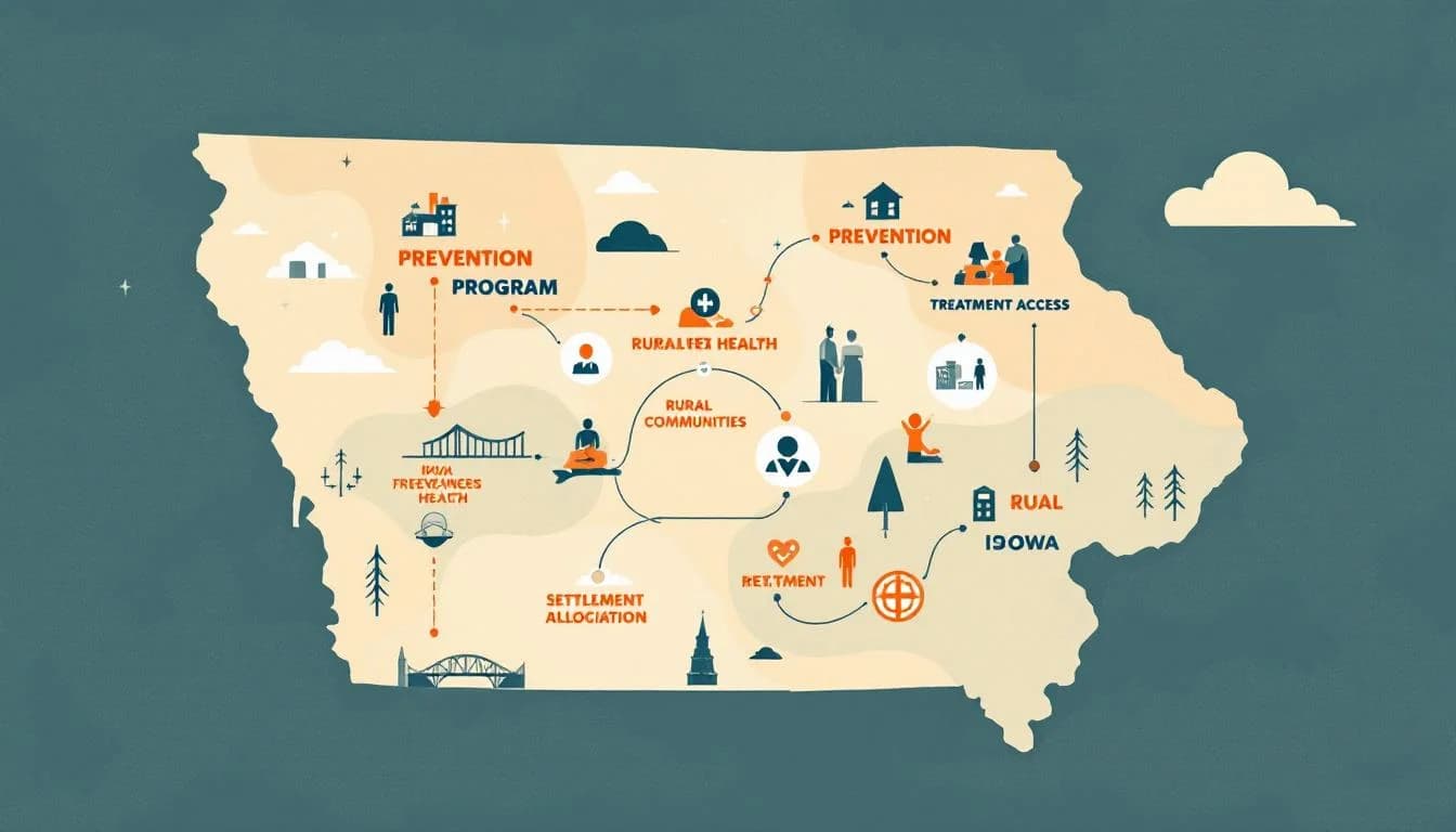 Iowa state map with funding network symbols connecting rural communities, prevention and treatment program icons in warm editorial illustration style