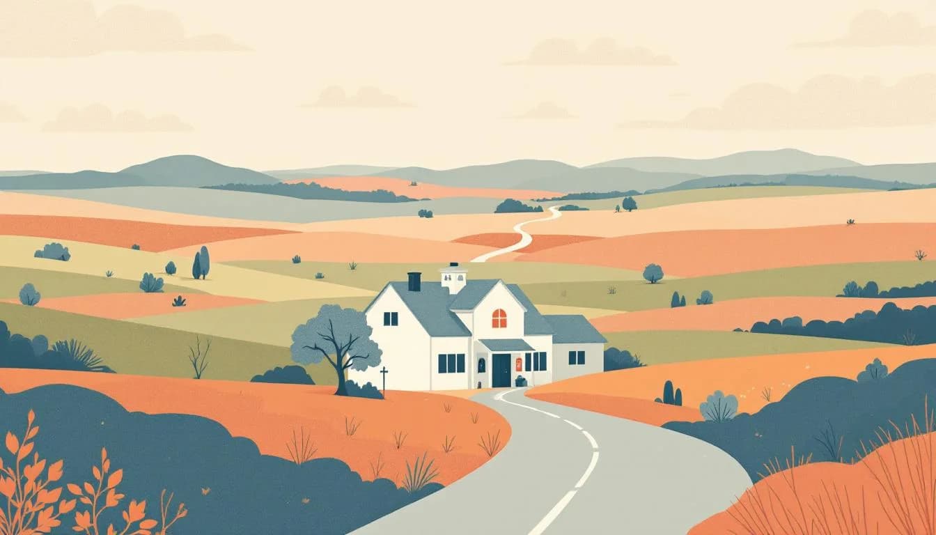 Rural Oklahoma landscape with symbols of community health resources and grant funding pathways