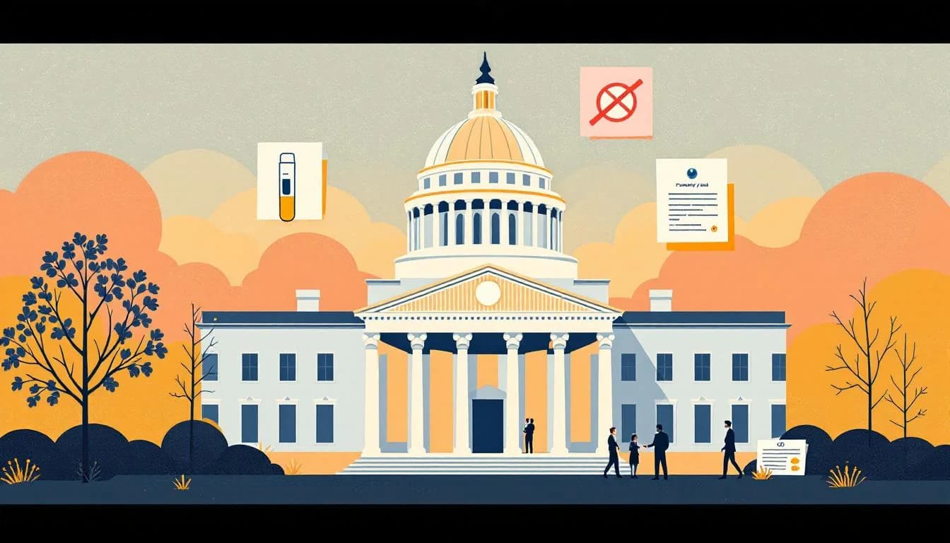 Government building with policy documents and harm reduction symbols in warm editorial illustration style