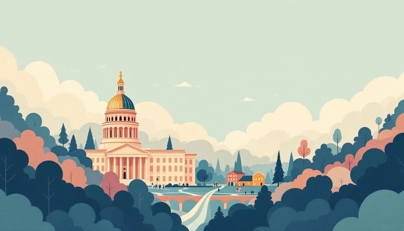 Georgia state capitol building with funding network symbols, warm editorial illustration in muted amber and sage tones