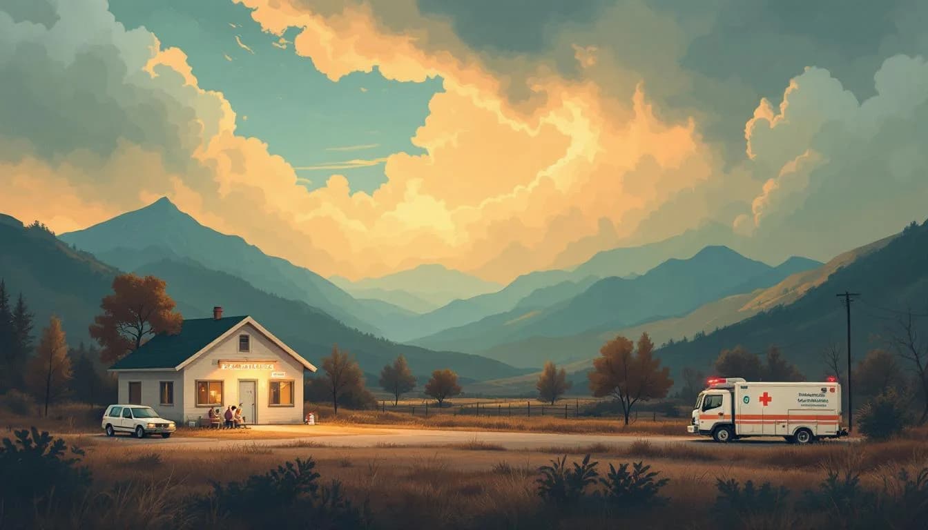 Editorial illustration showing storm clouds over a rural clinic with medication symbols and emergency response elements