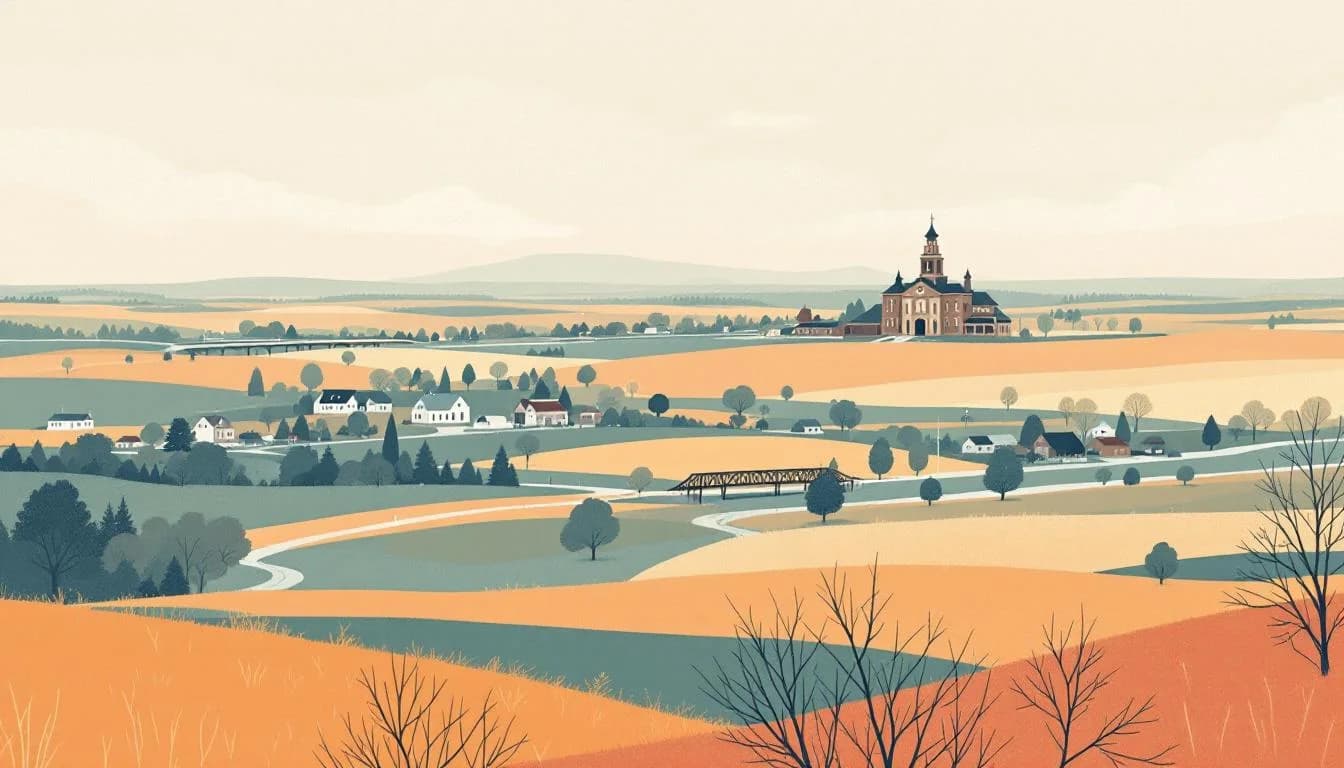 South Dakota landscape with funding symbols and rural community infrastructure