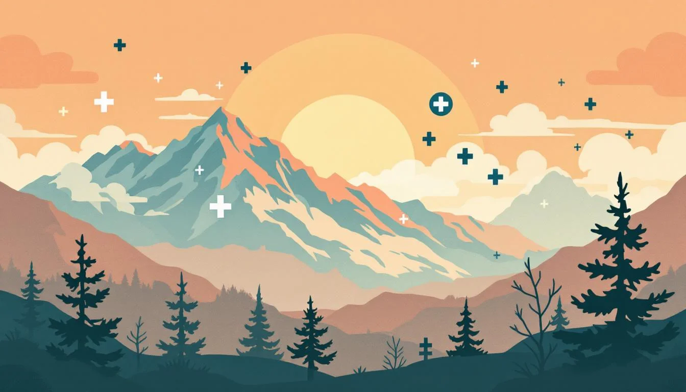 Colorado state outline with warning symbols and fentanyl crisis indicators against mountain backdrop, editorial illustration