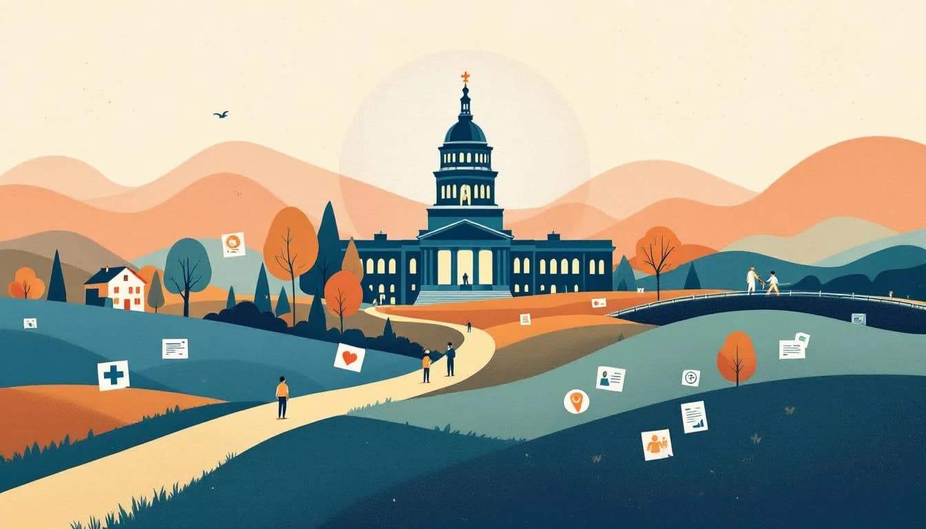 Nebraska state capitol building with healthcare policy symbols and community workforce integration icons in warm editorial illustration style