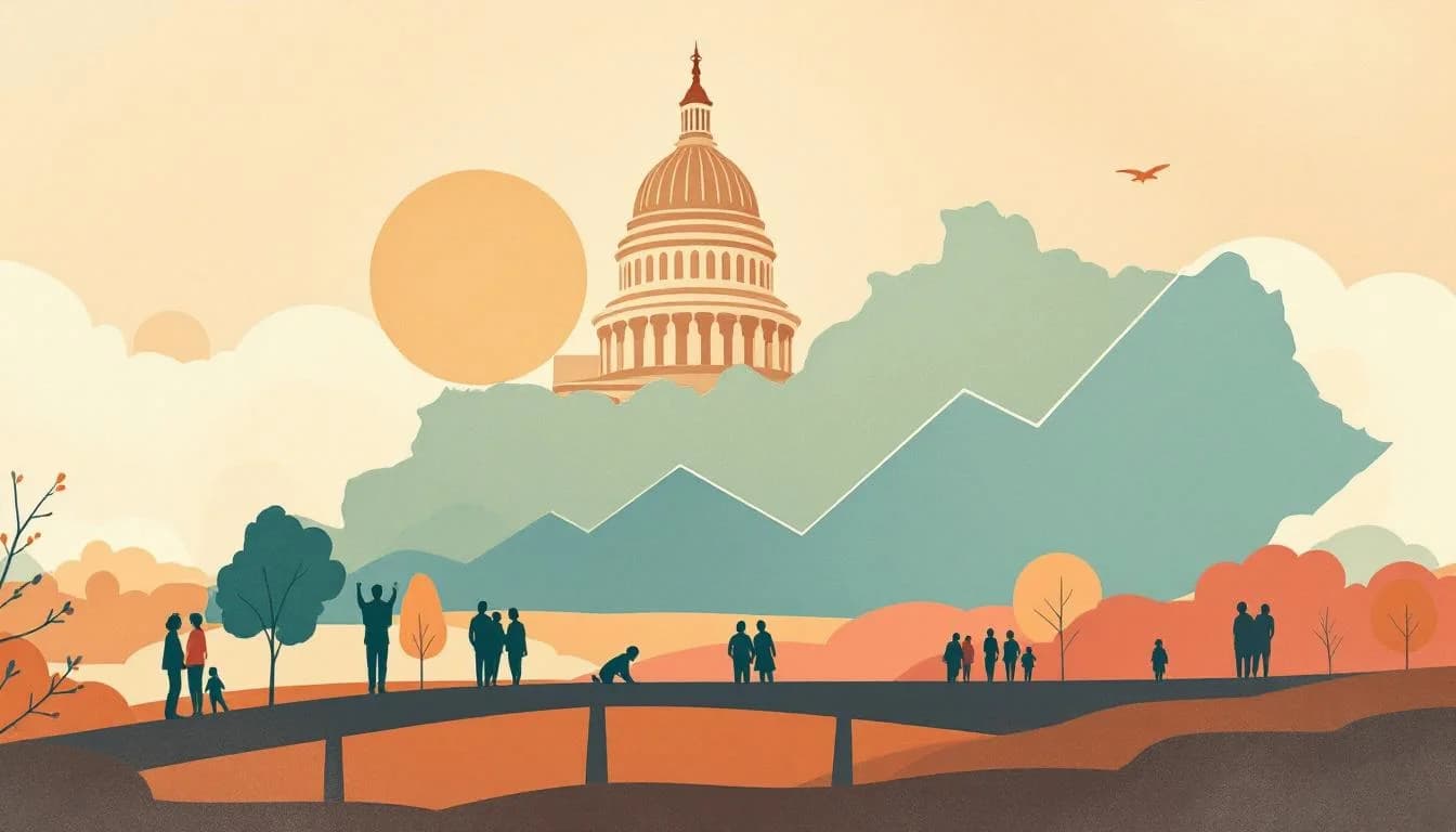 Kentucky state capitol building with declining trend lines, recovery symbols, and community support network in warm editorial illustration style