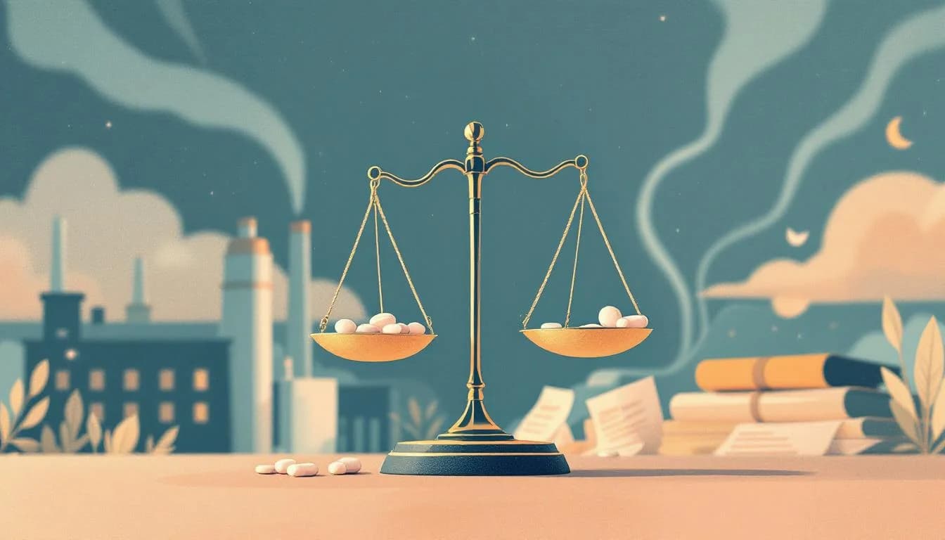 Justice scales and legal documents representing the Purdue Pharma settlement, with community health programs and pathways to recovery