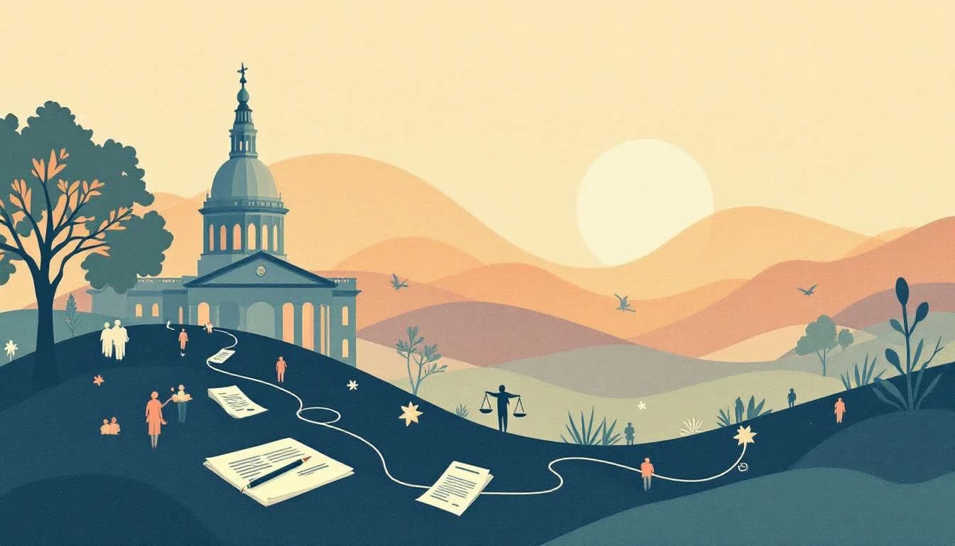 South Carolina state capitol building with justice scales and recovery symbols, warm editorial illustration