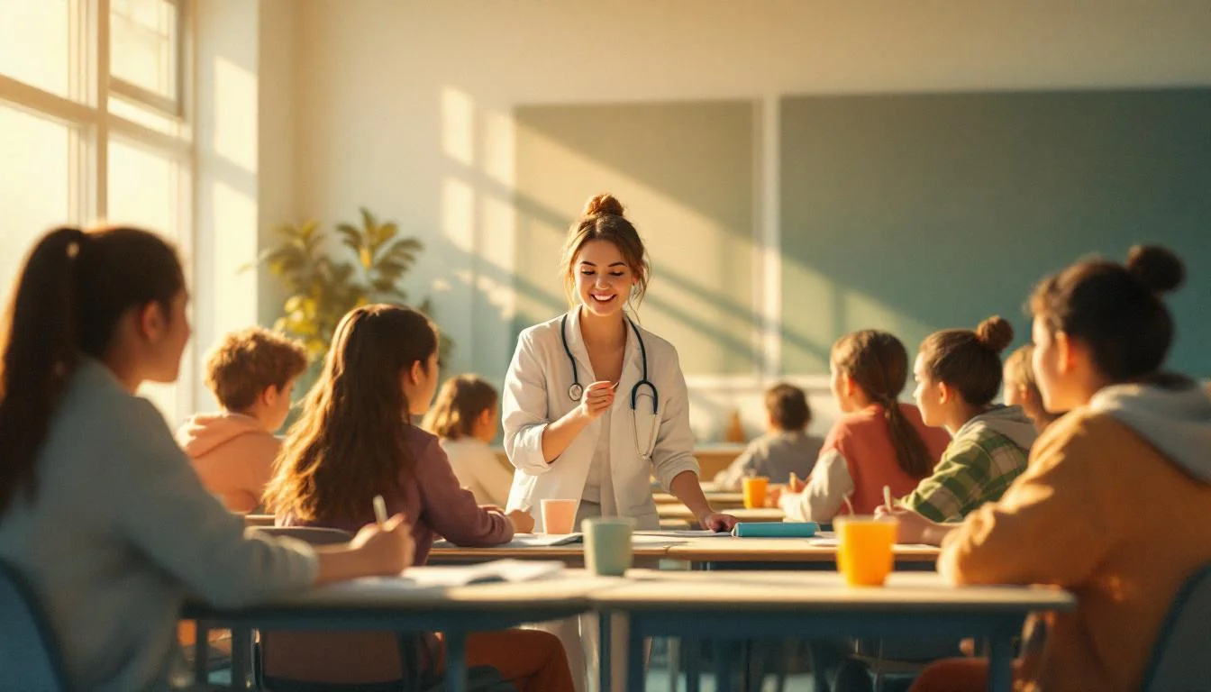 Classroom scene with students learning about naloxone administration, warm editorial illustration showing educational materials and supportive learning environment