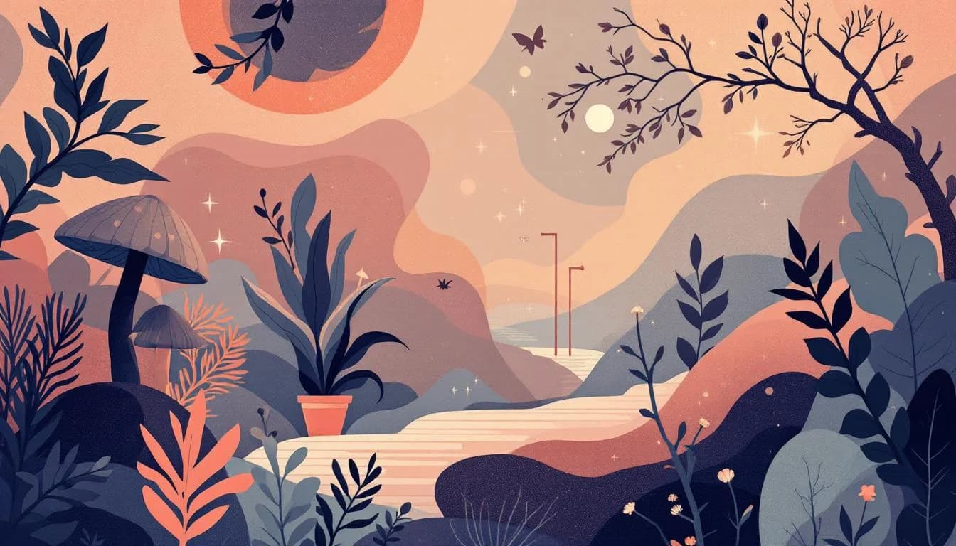 Abstract illustration of psychedelic therapy research with botanical symbols, medical laboratory setting, and hope-themed design elements