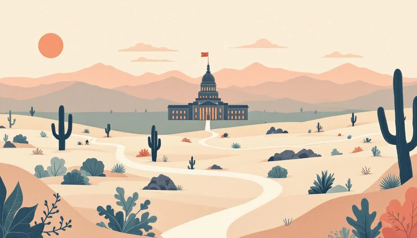 Nevada state capitol building with funding network symbols, settlement resources flowing to communities, desert landscape with hope and recovery imagery