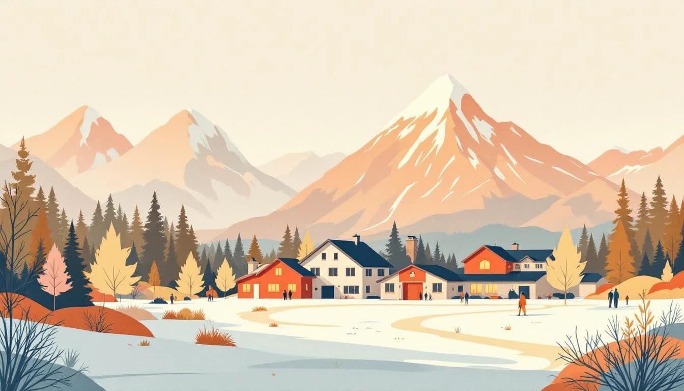 Alaska mountain landscape with veterans support facility, residential treatment center, and outdoor recreational therapy elements