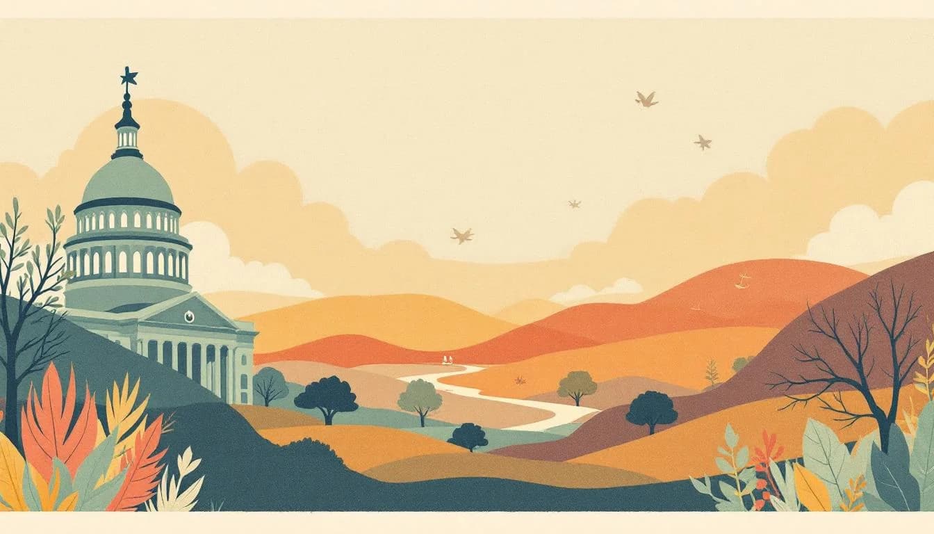 Texas state capitol building with funding symbols and addiction treatment pathways, warm editorial illustration