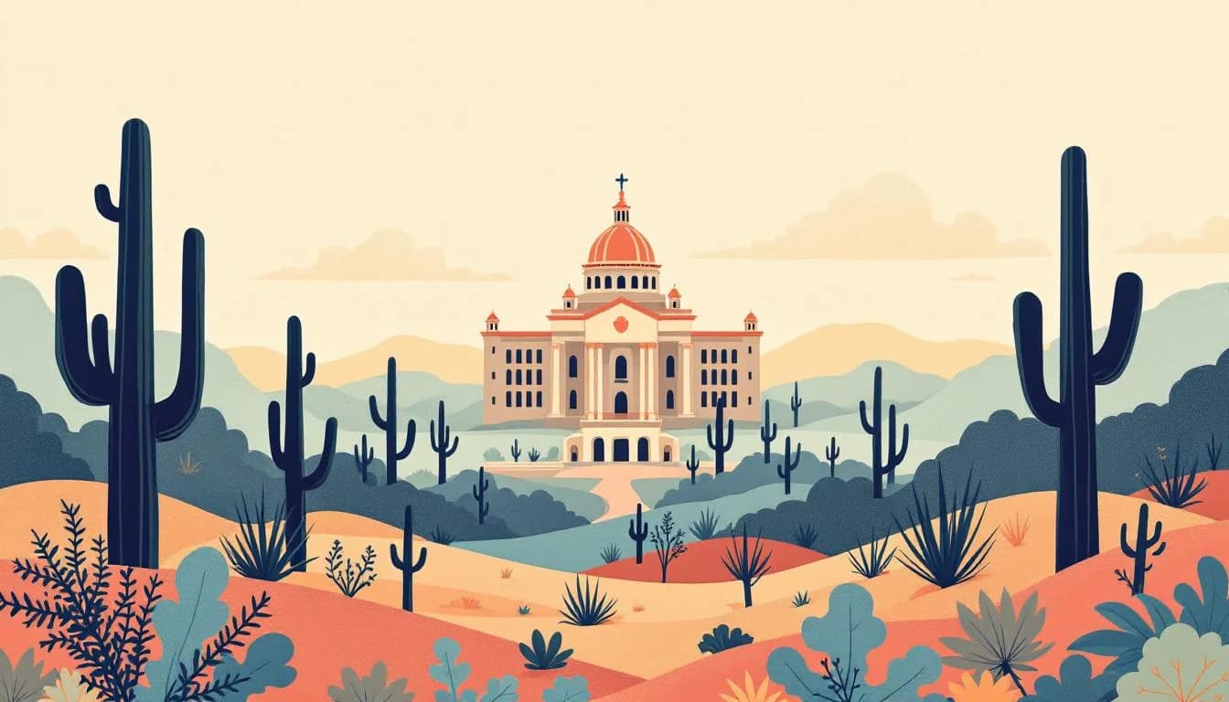 Arizona state capitol building with healing symbols and community support network, warm editorial illustration