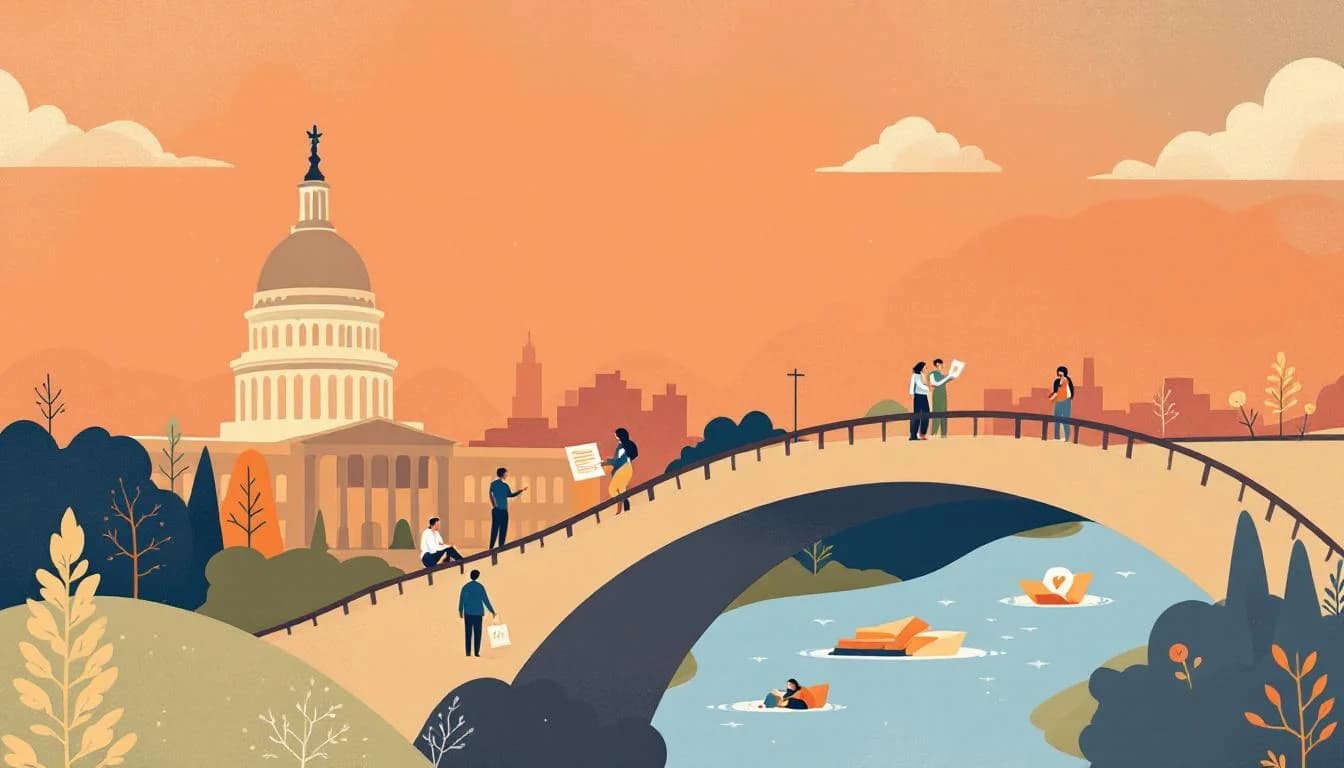 Maryland state capitol building with symbols of healing and recovery, warm editorial illustration