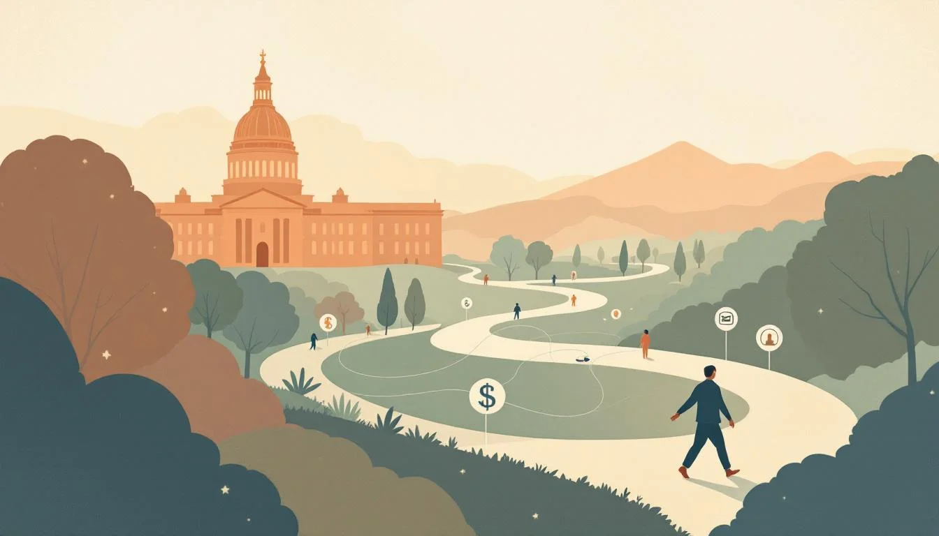 Pennsylvania state capitol building with settlement fund symbols and addiction treatment pathways, warm editorial illustration
