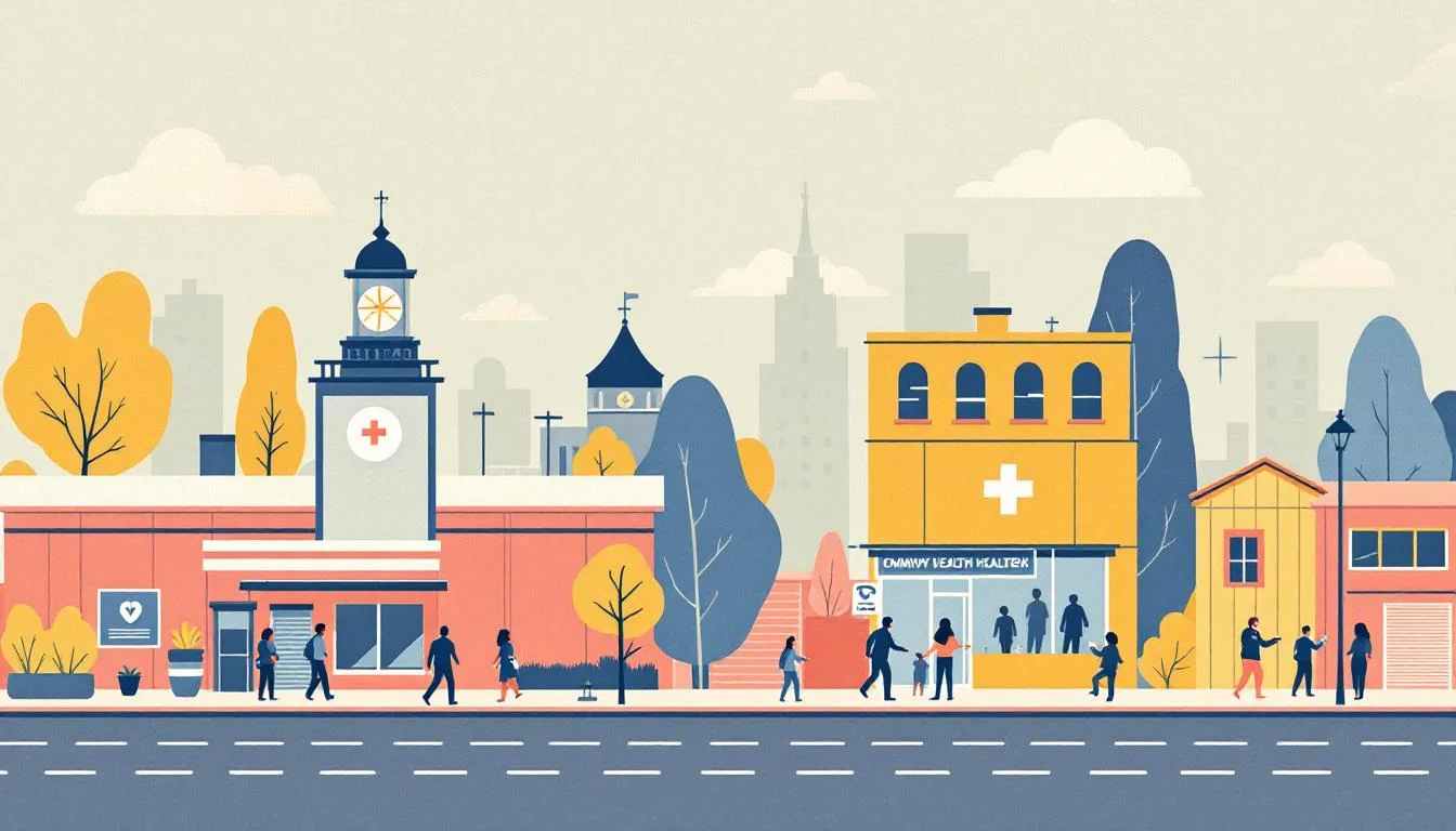 Community health center with recovery support services and employment program symbols in warm editorial illustration style