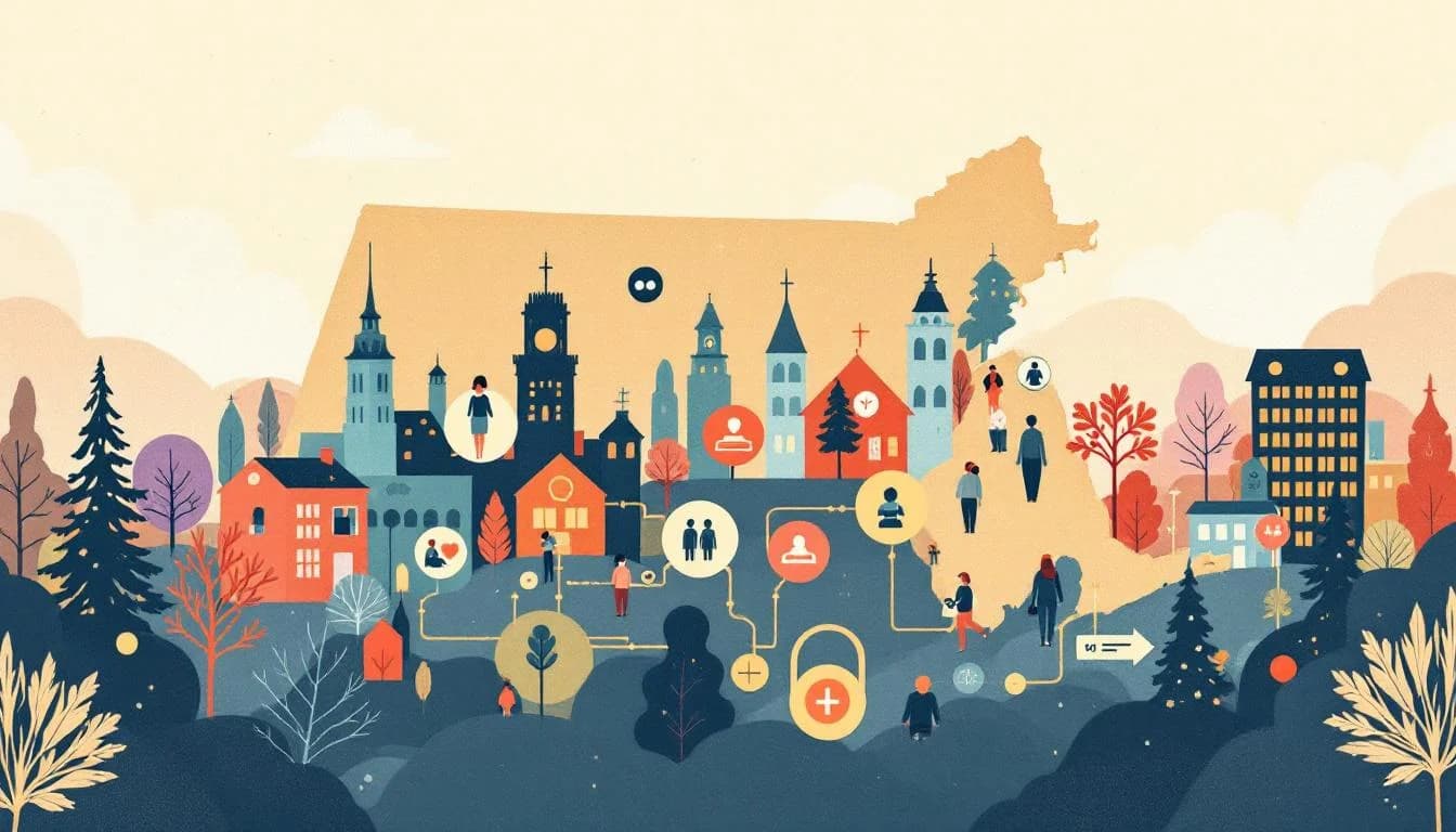 Illustration of Massachusetts community network with municipal buildings and recovery support symbols in warm editorial style