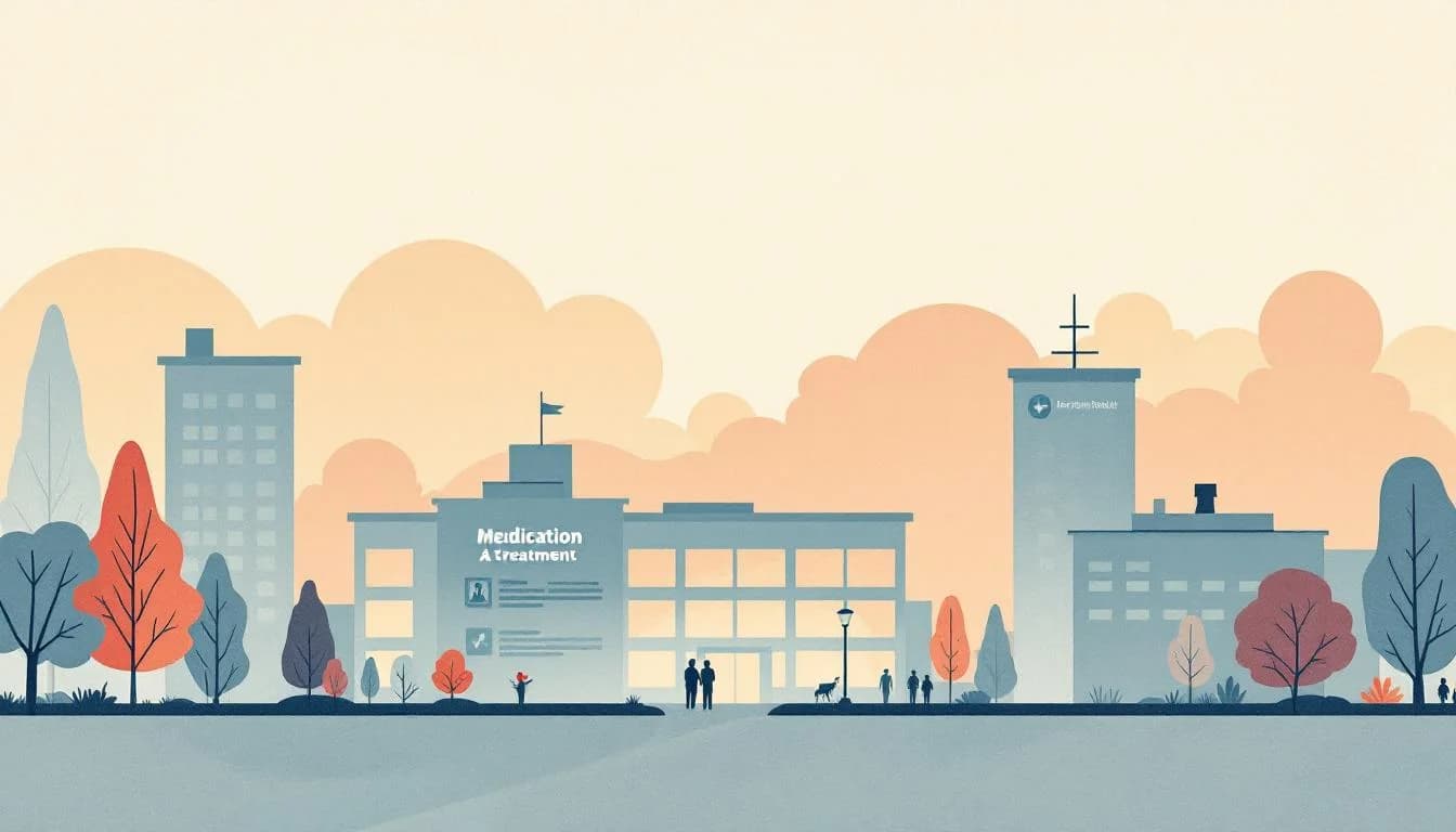 Hospital setting with medical symbols and medication-assisted treatment pathway, warm editorial illustration