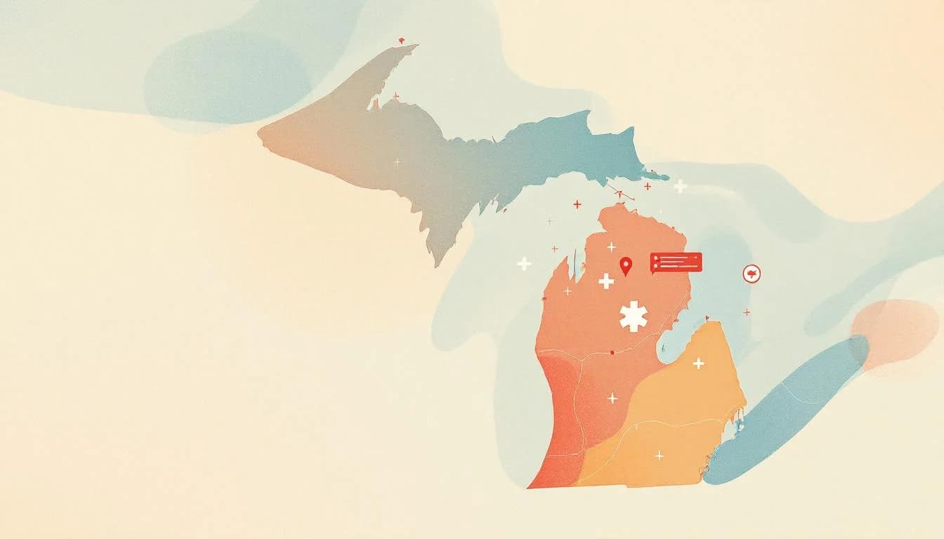 Michigan state map with declining trend lines showing overdose reduction, Great Lakes silhouette, and community health outreach network