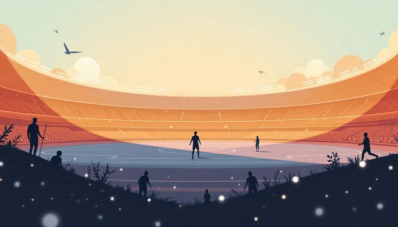 Editorial illustration showing World Cup stadium atmosphere with public health safety awareness symbols and harm reduction elements