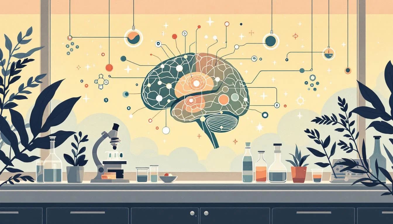 Scientific illustration showing GLP-1 medication molecules interacting with brain reward circuitry and central amygdala