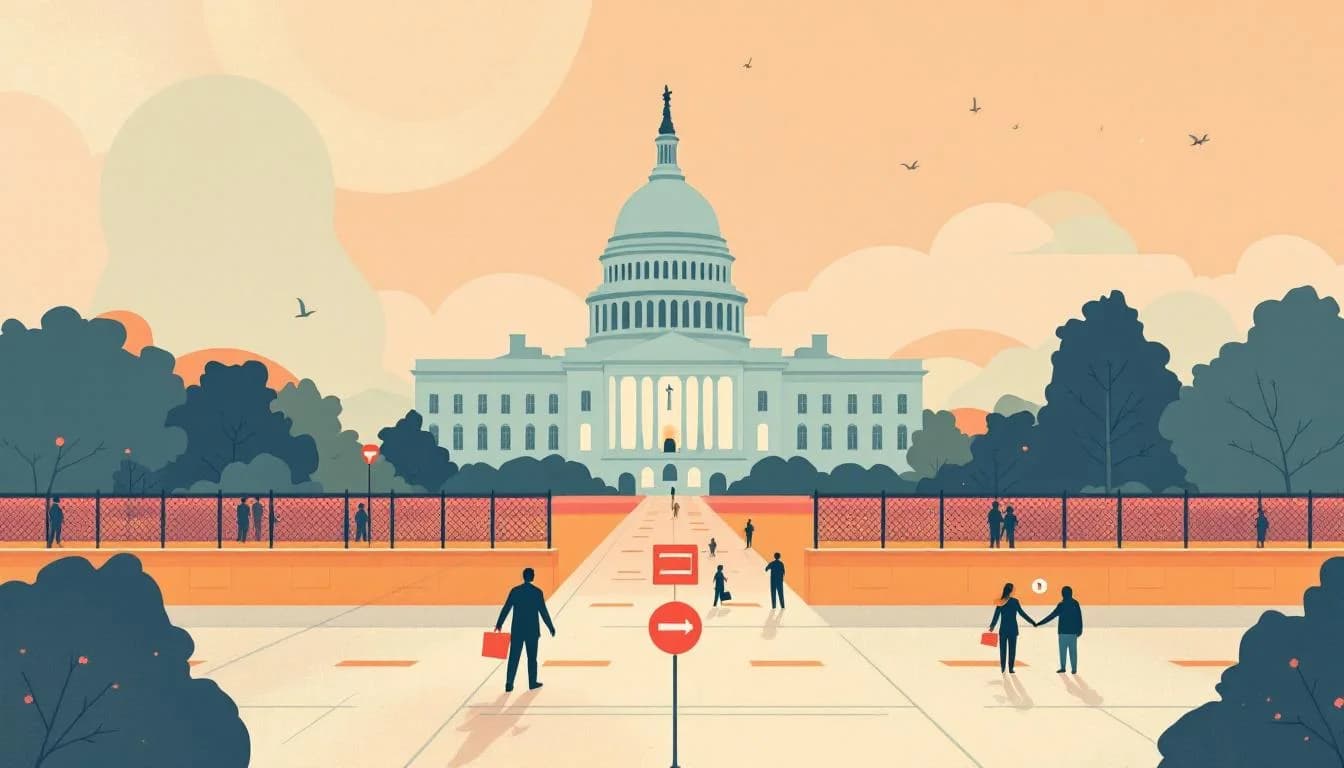 Government building with policy documents and healthcare symbols, warm editorial illustration showing tension between strategy and implementation