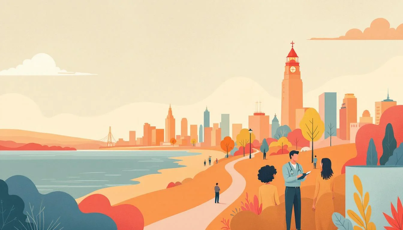 Milwaukee cityscape with community wellness and public health infrastructure symbols in warm editorial illustration style