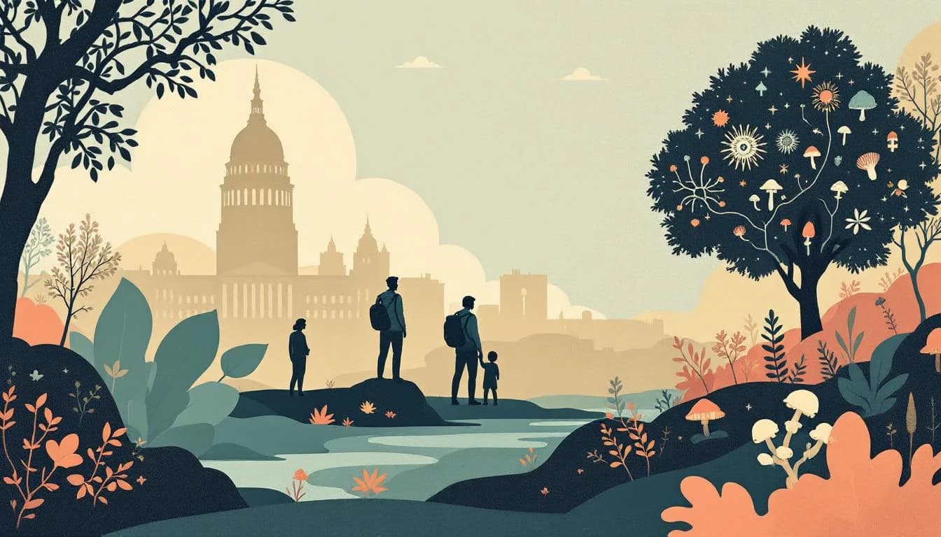 Minnesota state capitol building with therapeutic psilocybin symbols and healing neural pathways in warm editorial illustration style