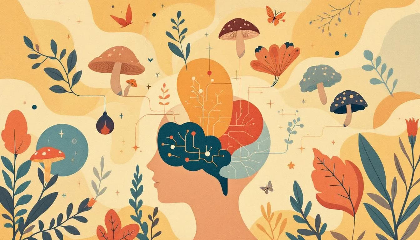 Abstract representation of psilocybin-assisted therapy for addiction treatment, showing neural pathways and healing symbols in warm editorial illustration style