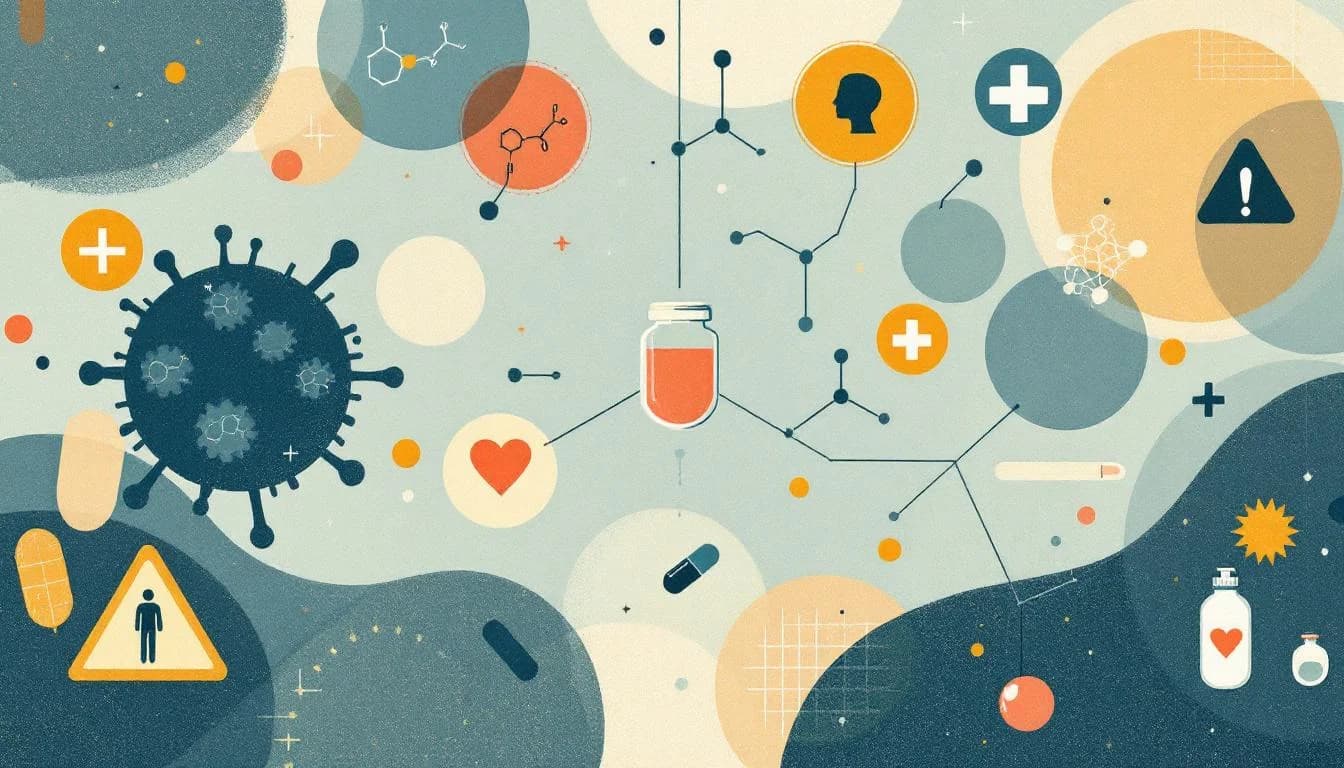 Abstract visualization of synthetic opioid molecules and warning symbols in warm editorial illustration style
