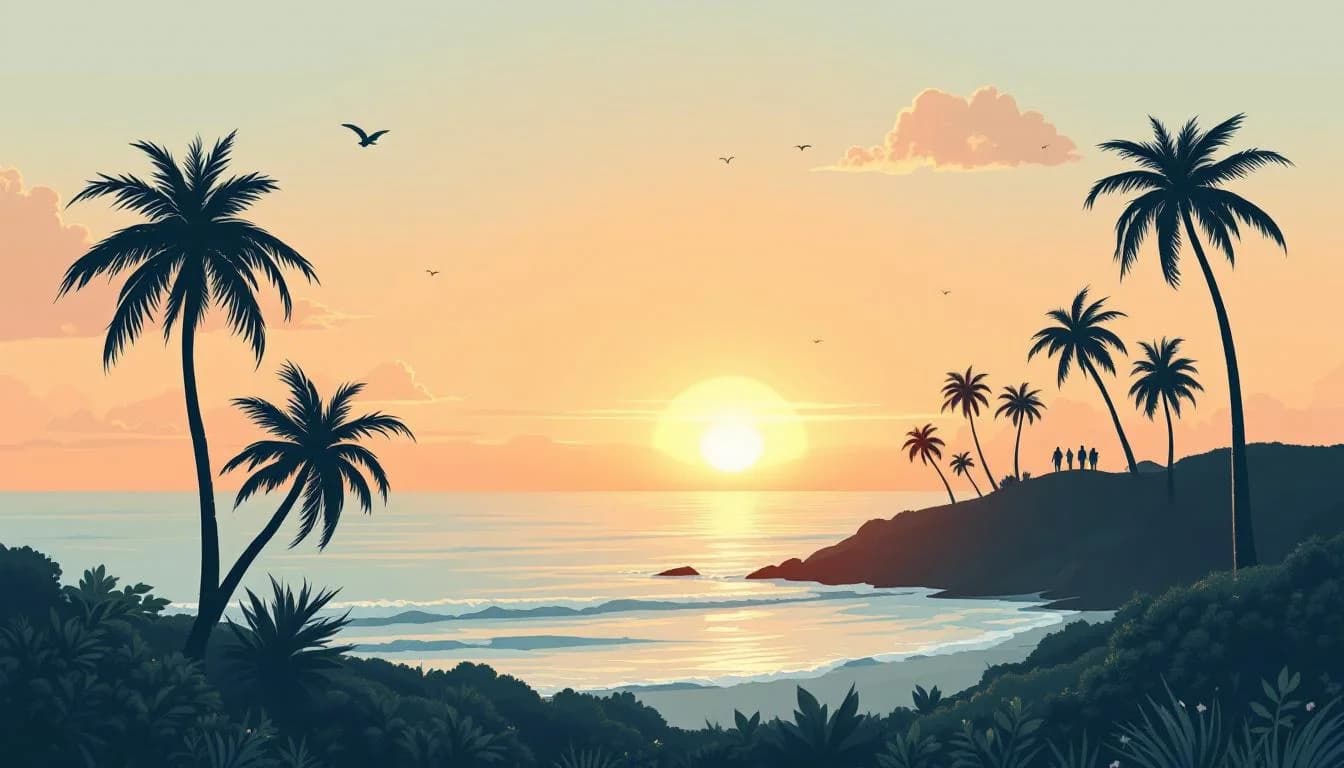 Warm editorial illustration showing Florida coastline with symbols of recovery and declining overdose trends, featuring soft amber and coral tones