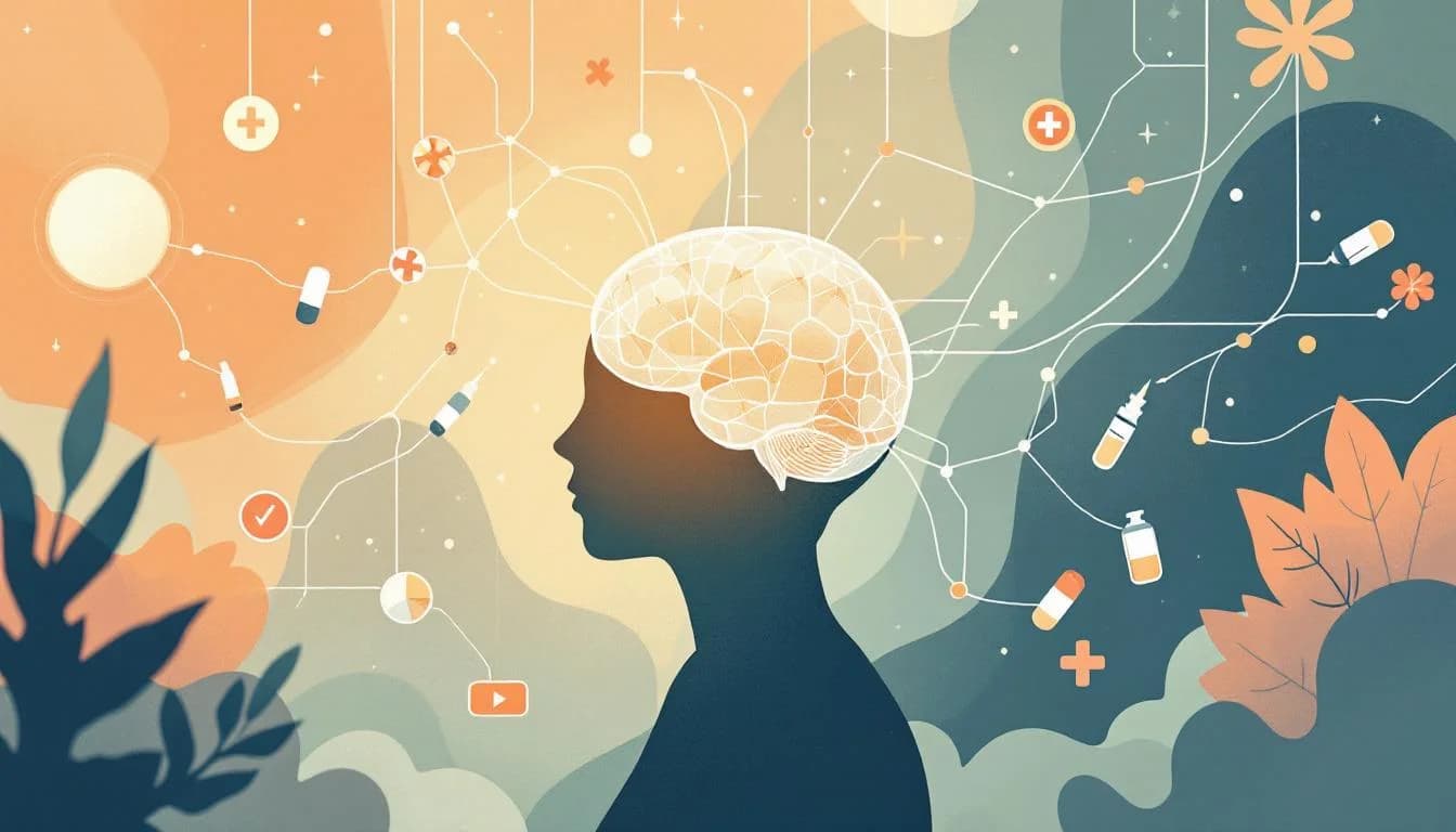 Medical illustration showing brain reward pathways and medication symbols in warm editorial style