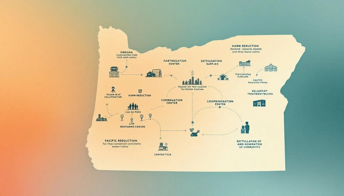Oregon state map with funding network connecting communities, harm reduction symbols, and treatment facility icons in warm editorial illustration style
