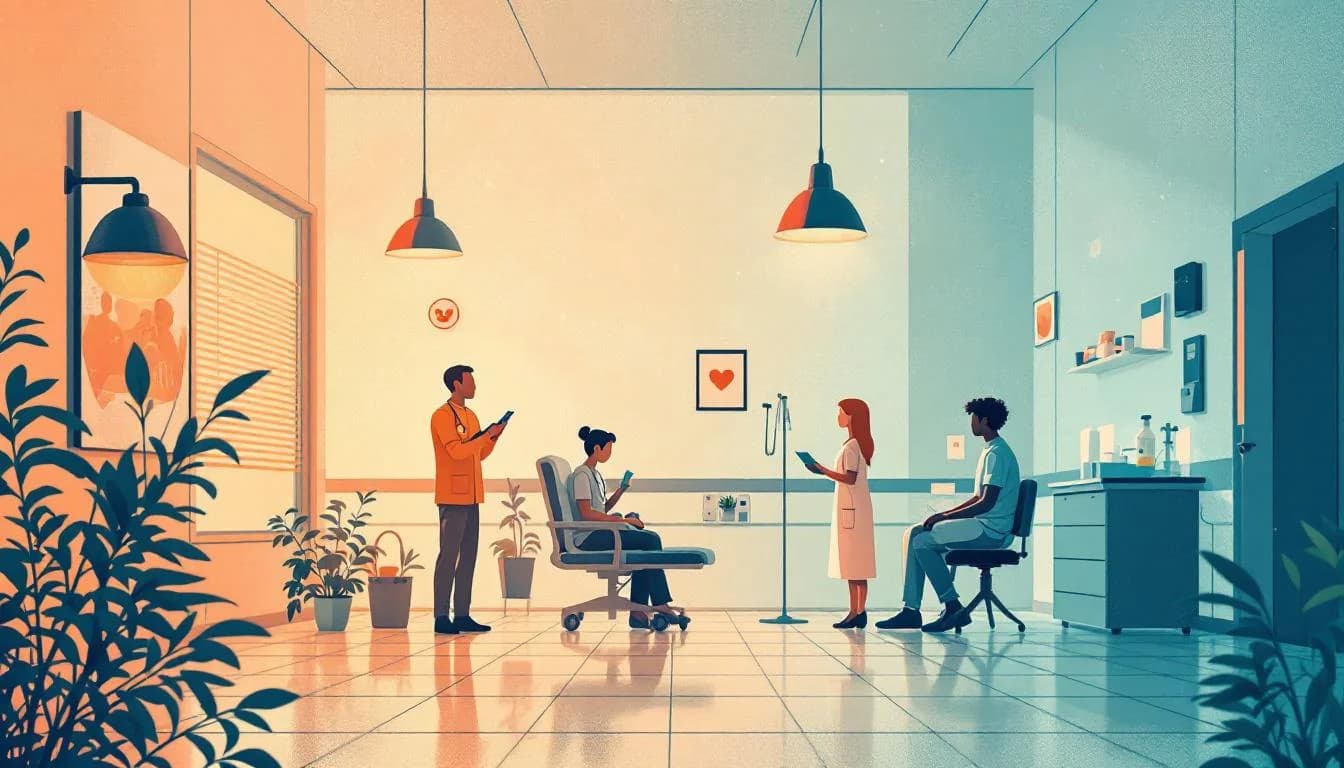 Hospital medical setting with medication symbols, clinical care environment, treatment pathway visualization