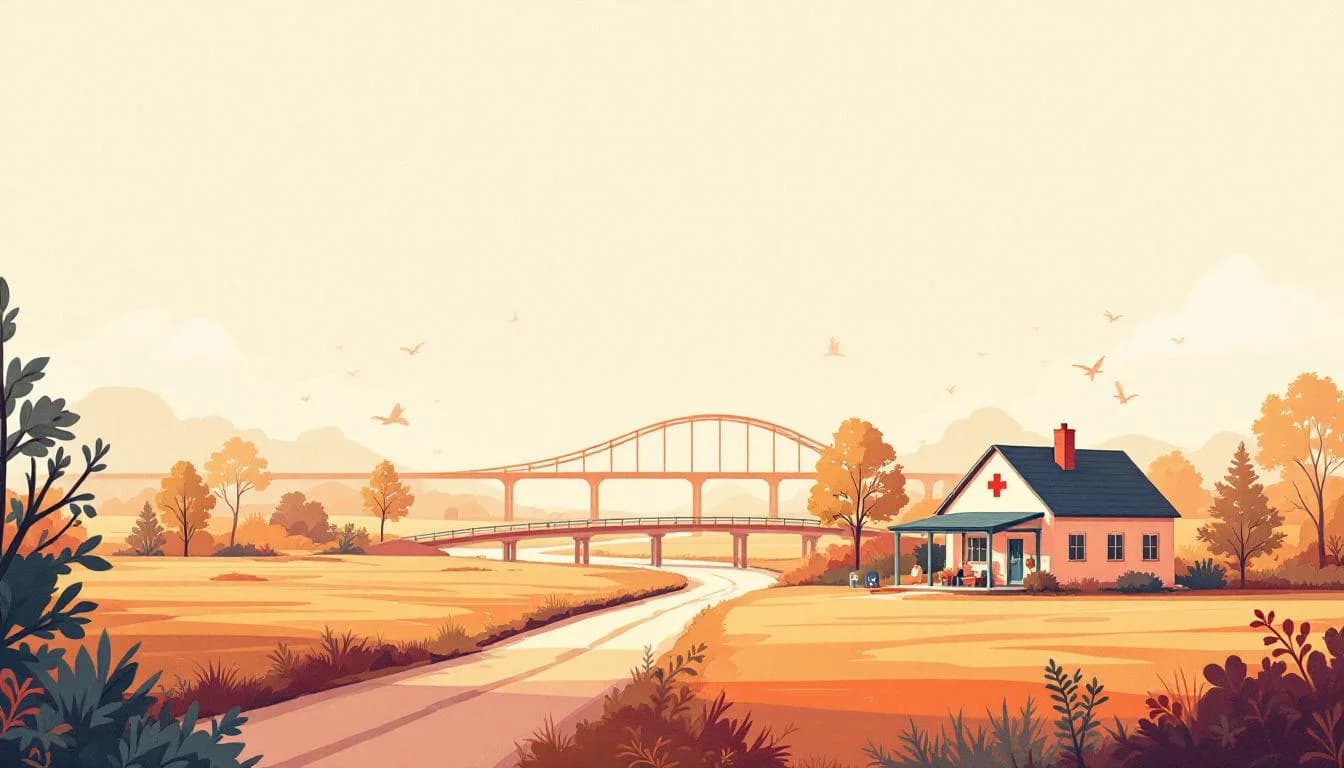 Rural Mississippi landscape with telehealth connection symbols and healthcare access pathways, warm editorial illustration