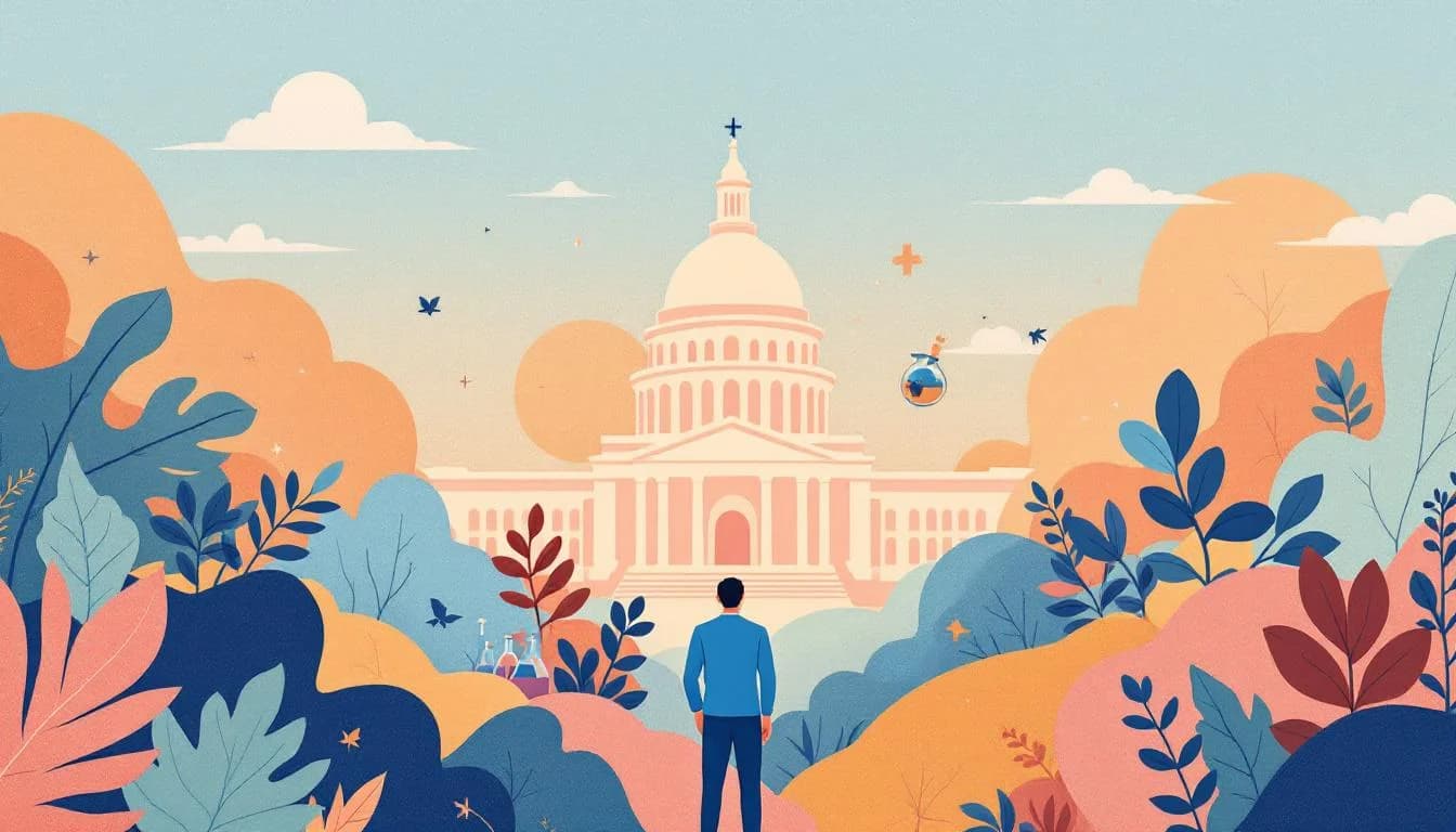 Louisiana state capitol building with research laboratory symbols, psychedelic therapy icons, and hope imagery in warm editorial illustration style