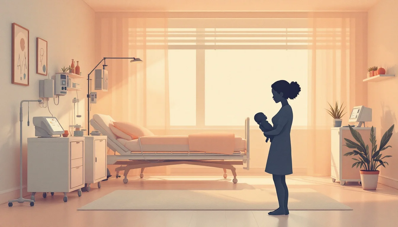 Gentle illustration of neonatal care nursery with mother and newborn, representing family-centered approach to treating opioid withdrawal in infants