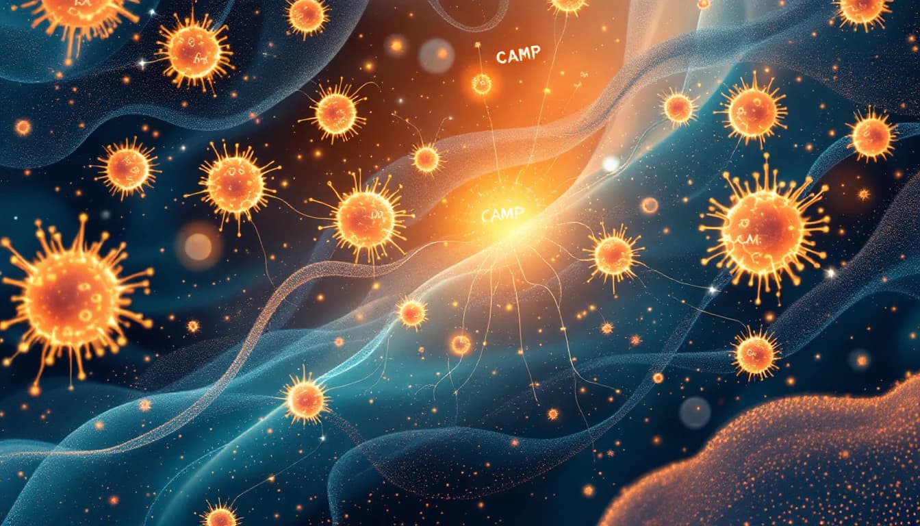 Microscopic view of brain neurons with glowing cAMP signaling pathways, warm amber and coral tones, scientific editorial illustration