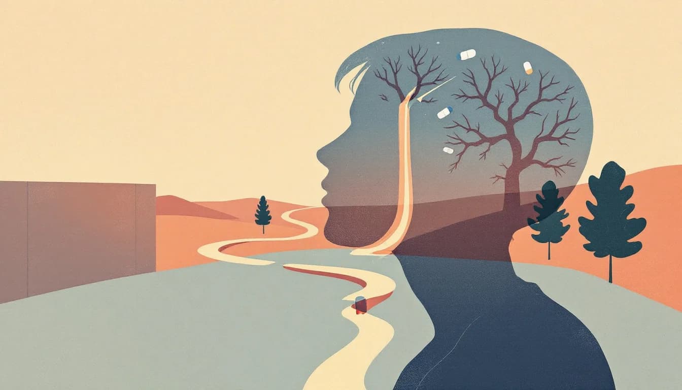 Silhouette of a young person facing medical barriers, with medication symbols and broken pathways representing treatment access gaps