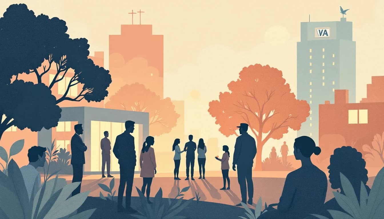 VA medical facility with research symbols, veteran silhouettes, and psychedelic therapy representation in warm editorial illustration style