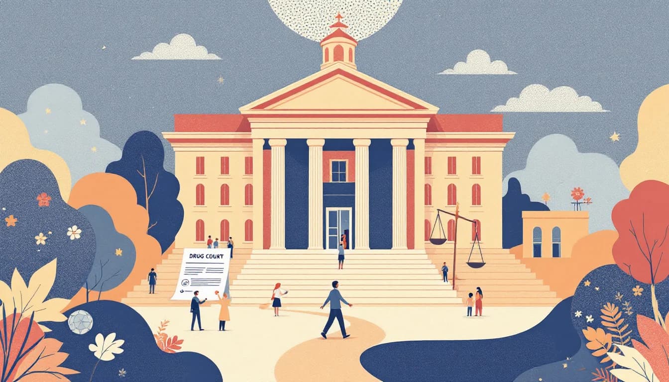Louisiana courthouse and drug court facility illustration showing the intersection of justice and addiction treatment