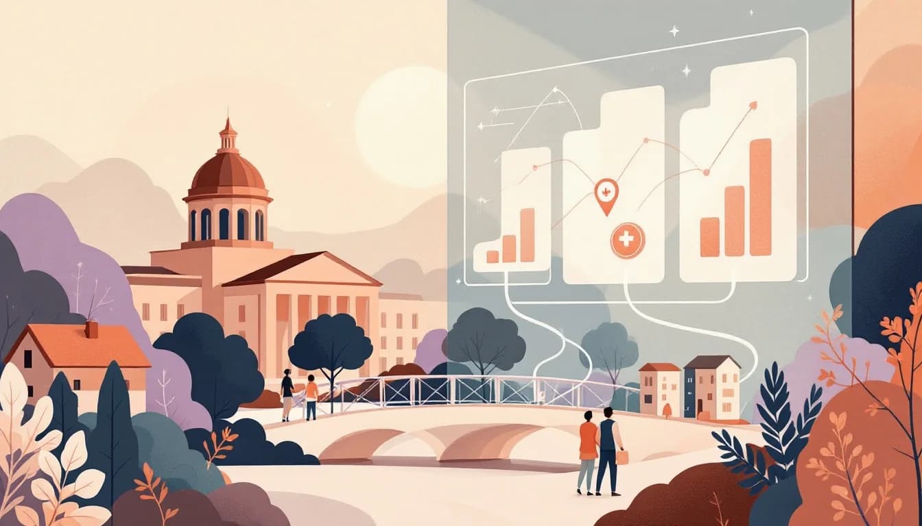 Baltimore County government building with transparent data visualization symbols showing funding flow to community programs