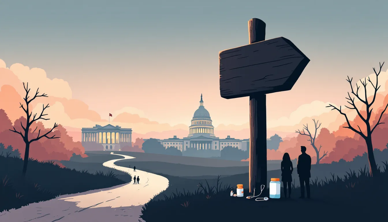 Flat vector editorial illustration of the White House and Capitol at dawn with a wooden signpost arrow being turned in a new direction, symbolizing a shift in national policy on addiction medication