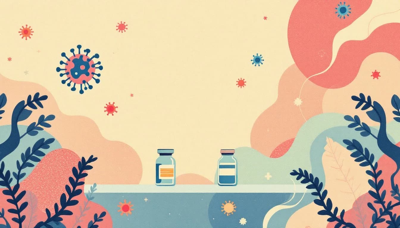 Warm editorial illustration showing molecular structures of fentanyl variants being neutralized by vaccine antibodies, soft amber and sage tones