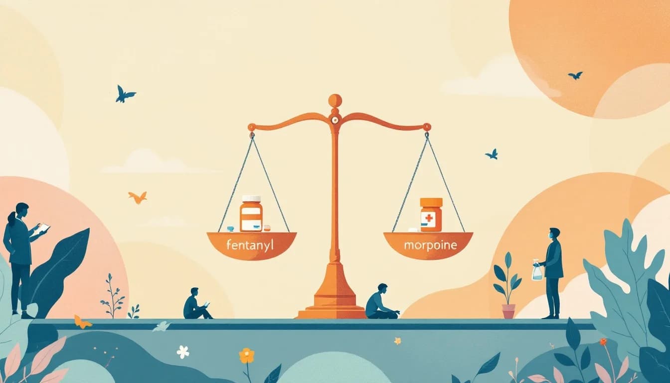 Warm editorial illustration showing a medical scale balancing fentanyl and morphine symbols, with silhouettes of people accessing treatment