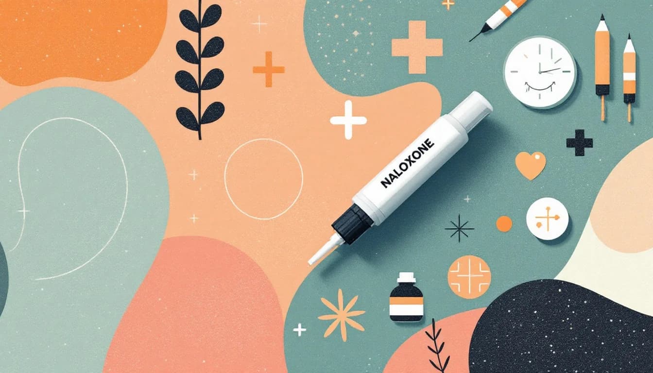 Naloxone nasal spray device with pharmaceutical packaging in soft editorial illustration style