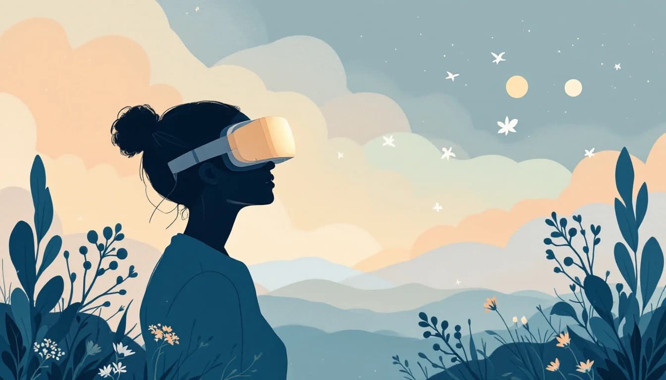 Abstract representation of virtual reality therapy for addiction treatment showing immersive digital environment with therapeutic elements