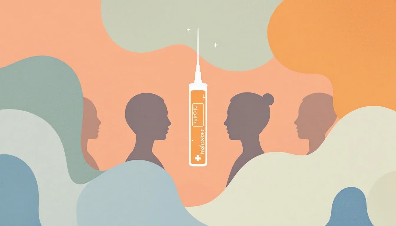 Naloxone nasal spray silhouettes, emergency medical symbols, and protective healthcare elements in warm editorial illustration style