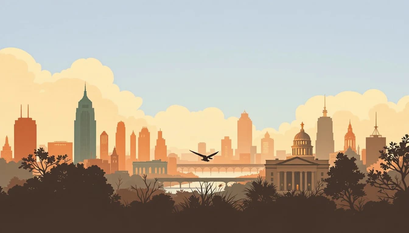 Louisville Kentucky city skyline with community advocates and justice symbols representing opioid settlement fund allocation debate