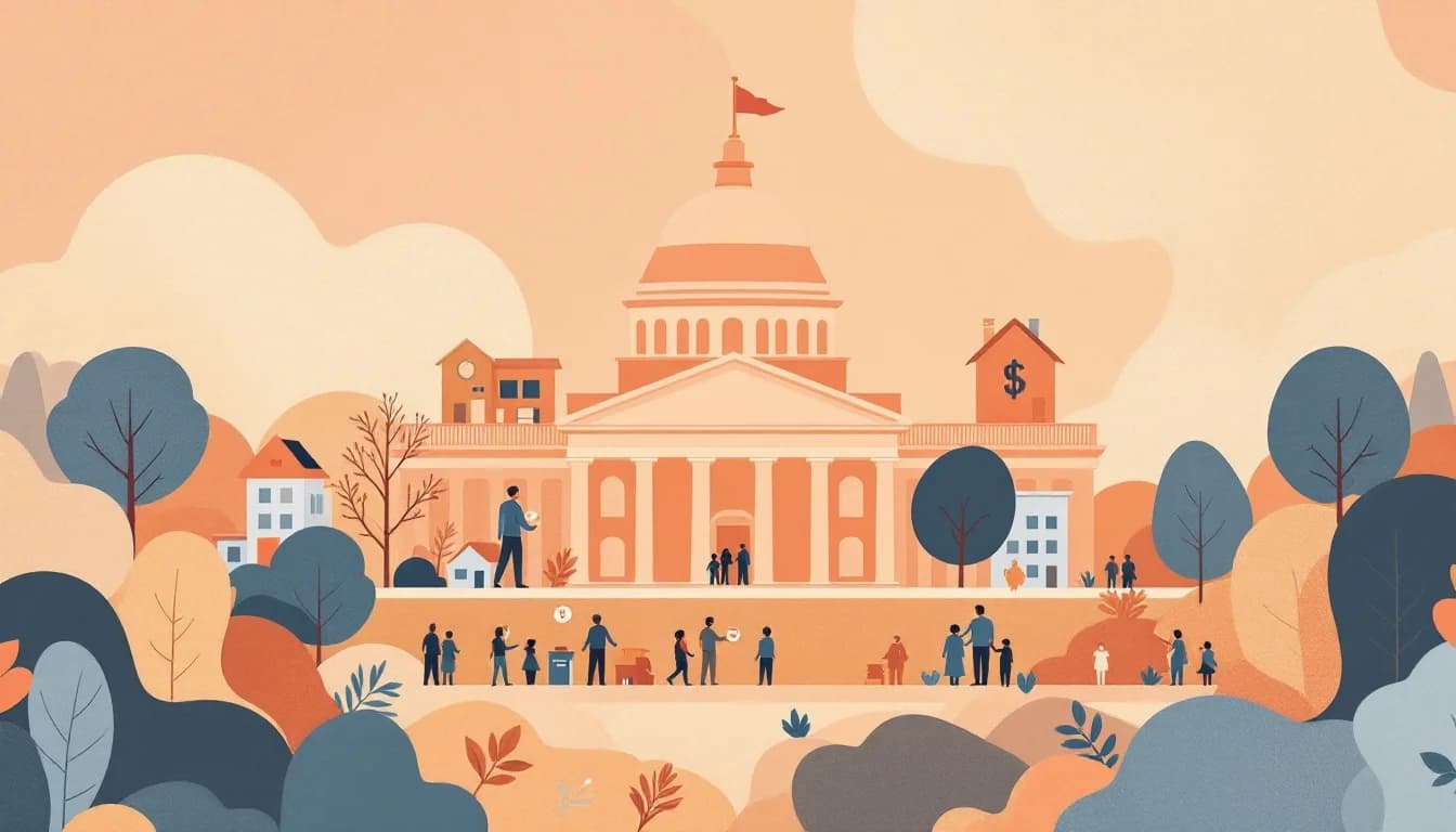 Federal government building with funding symbols and community support network, warm editorial illustration